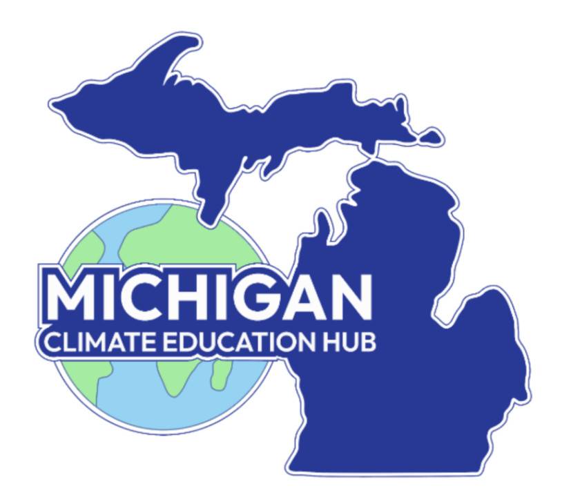 loco for Subject to climate company; a blue map outline of the lower and upper peninsula of Michigan, next to a globe icon, with "Michigan Climate Education Hub" imposed over it